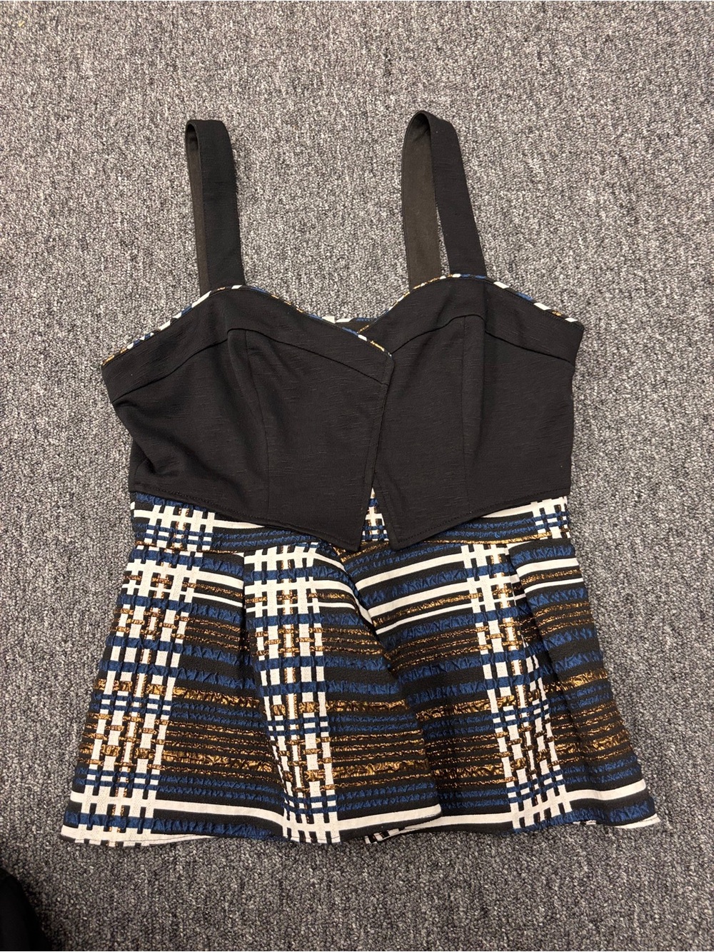 Deletta Nathalie Peplum Top w Blue White & Gold Plaid Shirt Anthropologie Small